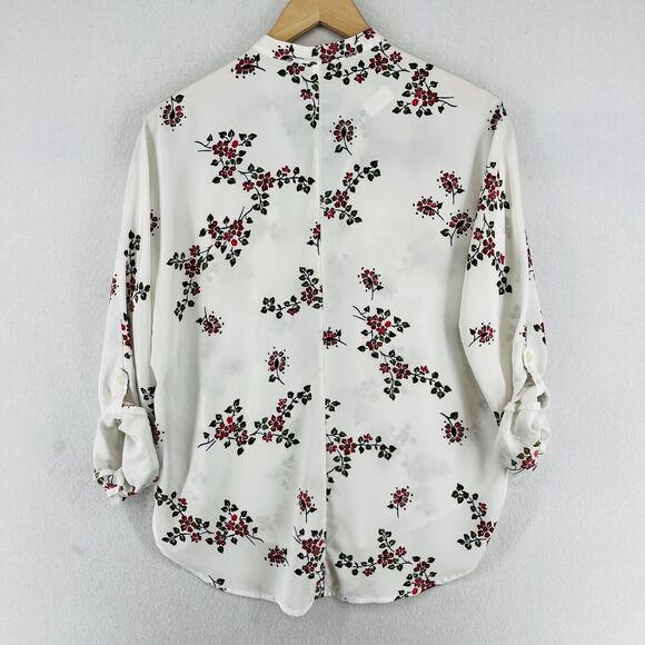 ABERCROMBIE & FITCH Top XS Floral Poplin Tie Neck Blouse Roll Tab Sleeve White - Picture 3 of 16